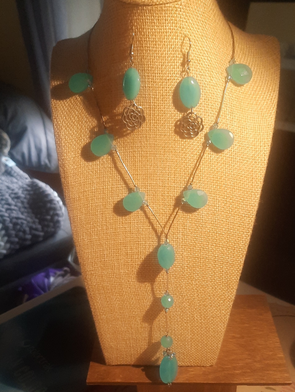 Aqua Calcedonyand 925 Teardrop Layered Necklace & Earrings Set
